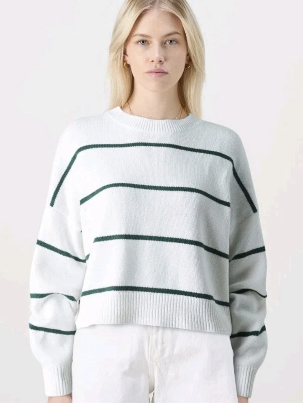Hollister | White & Green Striped Crew Neck Sweater